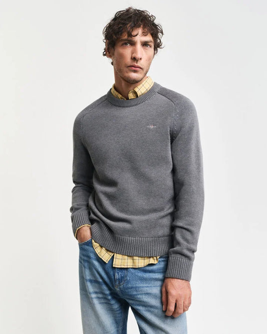 Gant Casual Cotton Crew Neck Sweater - Dark Grey Melange