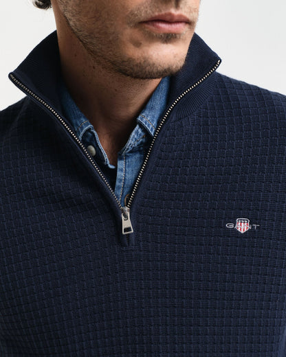 Gant Textured Cotton Half-Zip Sweater - Evening Blue