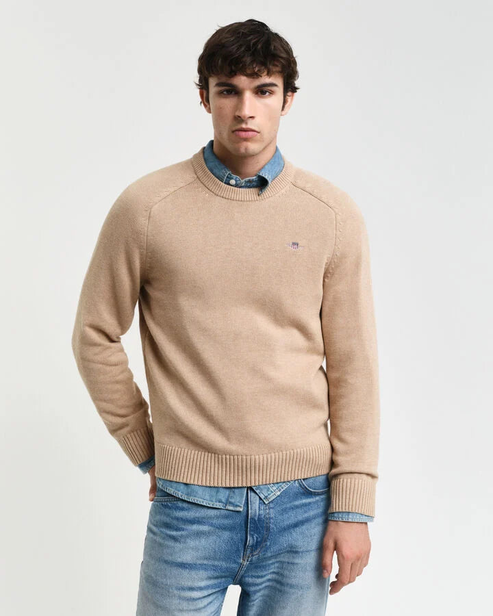 Gant Casual Cotton Crew Neck Sweater - Khaki Melange