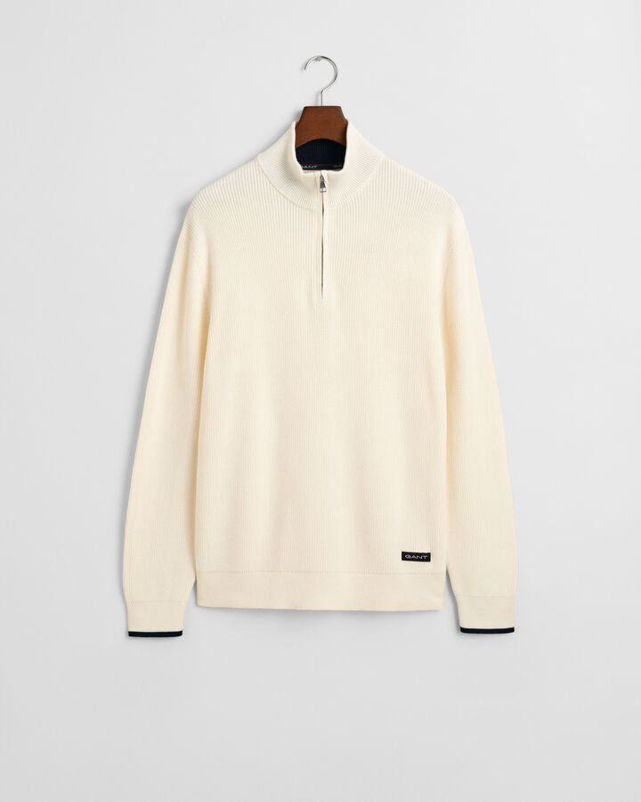 Gant Ribbed Cotton Half-Zip Sweater - Cream