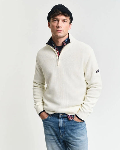 Gant Ribbed Cotton Half-Zip Sweater - Cream