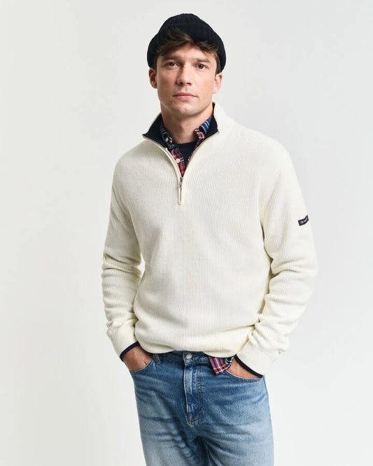 Gant Ribbed Cotton Half-Zip Sweater - Cream