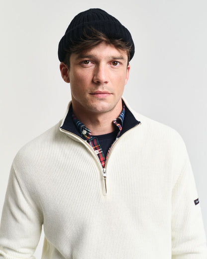 Gant Ribbed Cotton Half-Zip Sweater - Cream